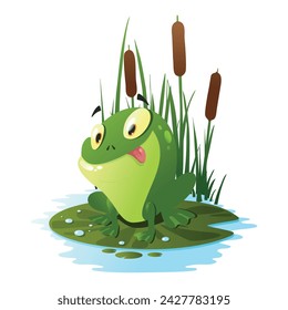 Vector illustration of a cute frog near the reeds