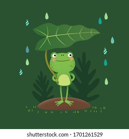 Vector illustration of a cute frog standing and holding a leaf on a rainy day.