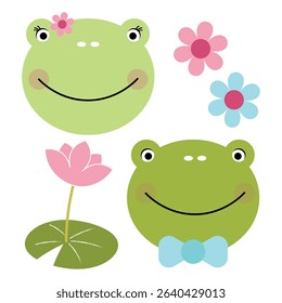 vector illustration of cute frogs and flowers