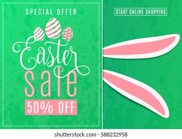 Vector illustration of cute fun easter sale banner with easter bunny ears, striped line eggs, hand drawing lettering text sign on grunge green background. Special offer for spring holiday