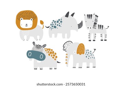 Vector illustration of cute funny African animals. Lion, rhino, zebra, hippo, elephant. Safari. Jungle. Tropics. Animal characters for children. Perfect for cards, invitations, posters, wallpapers.