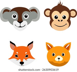 Vector illustration of cute and funny animal face icon set, various types of animals