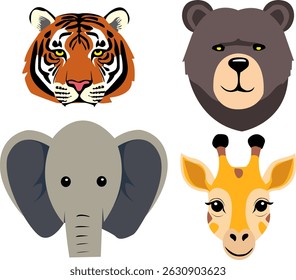 Vector illustration of cute and funny animal face icon set, various types of animals