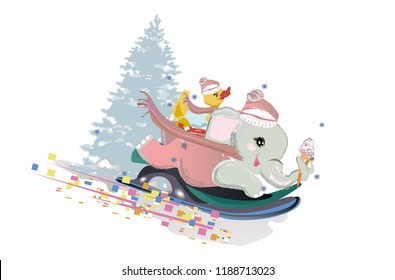  Vector illustration with cute funny animals in cartoon style. Duck, elephant, hippo, hare, squirrel etc sledging. Winter holidays.