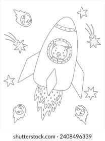 vector illustration of cute funny animals in space black and white coloring page.