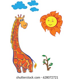 Vector illustration of cute and funny animals. Funny giraffe, fun and sun on a white background. The sun is surprised, looking at the big giraffe. 