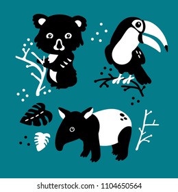 Vector illustration of cute funny baby rainforest animals set for print,poster,scandinavian design