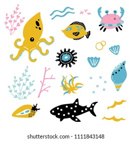 Vector illustration of cute funny baby ocean animals set for print,poster,scandinavian design 
