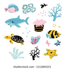 Vector illustration of cute funny baby ocean animals set for print,poster,scandinavian design 
