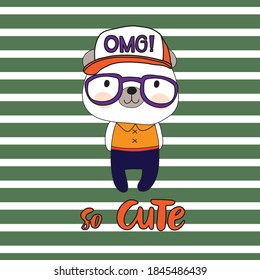 vector illustration of cute funny bear with cap and glasses