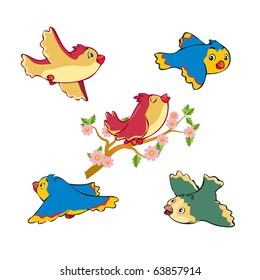 vector illustration, cute funny birds flying and singing, cartoon concept, white background.