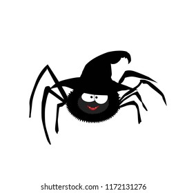 Vector illustration of cute funny black smiling spider wearing halloween witch hat. Cartoon spider character isolated on white background. Digital design element, icon, clip art.