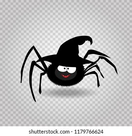 Vector illustration of cute funny black smiling spider wearing halloween witch hat. Cartoon spider character isolated on transparent background. Digital design element, icon, clip art.