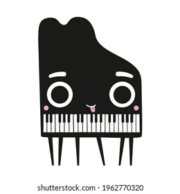 Vector illustration with cute funny black piano. Smiling music instrument with pink tongue and big eyes. Musical print design, concert cartoon style poster template