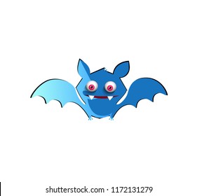 Vector illustration of cute funny blue smiling bat cartoon character isolated on white background. Halloween digital design element, icon, clip art, template for greeting card.