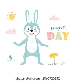 vector illustration of cute funny bunny with lettering perfect day on sun and clouds background, scandinavian style, flat design, concept for children print