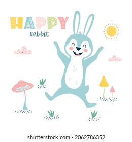 vector illustration of cute funny bunny with lettering happy rabbit on sun and clouds background, scandinavian style, flat design, concept for children print