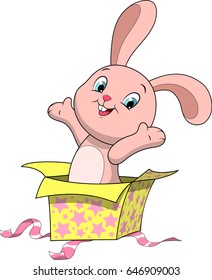 Vector illustration of a cute funny bunny toy jumping out of the box.