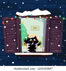 Vector illustration of cute funny cartoon cat character catching snow flakes with tongue on decorated window with garland, fir tree in room. Merry christmas or new year greeting card concept art.
