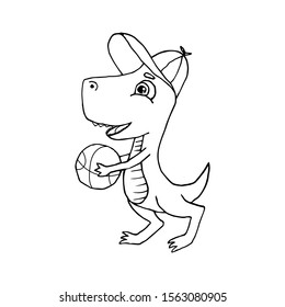 Vector illustration with cute funny cartoon dinosaur drawn outline. Hand drawn doodle for kids coloring book or design. Little T-rex with a basket ball