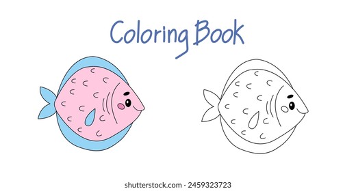 Vector illustration with a cute funny cartoon fish in a coloring book. Cartoon animals from marine life. The template of the coloring page. Color and black-and-white versions