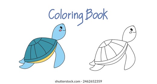 Vector illustration with a cute funny cartoon turtle in a coloring book. Cartoon animals, marine life. The template of the coloring page. Color and black-and-white versions