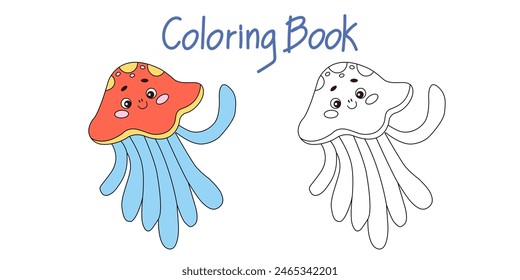 Vector illustration with a cute funny cartoon jellyfish in a coloring book. Cartoon animals, marine life. The template of the coloring page. Color and black-and-white versions