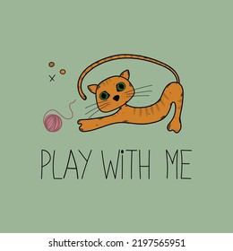 Vector Illustration Of A Cute Funny Cat Playing With A Yarn Ball. Doodle Cartoon-style Ginger Kitten. Adorable Pet Animal Drawing.