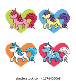 vector illustration cute funny character cartoon pony unicorn drawn with lines. Set color illustration on the heart background