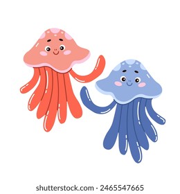 Vector illustration with cute funny colorful jellyfish. Underwater world, sea life, marine animals. Children's graphic print for your design