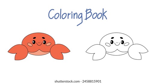 Vector illustration with a cute funny crab in a coloring book. Cartoon animals from marine life. The template of the coloring page. Color and black-and-white versions