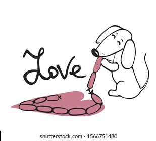 Vector illustration of cute and funny Dachshund eats sausages 