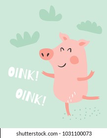 vector illustration of a cute funny dancing ping and oink oink text