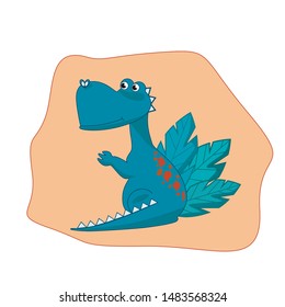 Vector Illustration  of cute funny dinosaur. Dino print. T-Rex. Perfect for textile, poster designs. wrapping paper, t-shirt design or nursery decor. Foliage green background. 