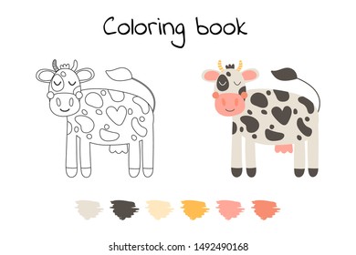 Vector illustration. Cute funny farm animal for kids. Coloring page cartoon cow. Black, white and pink.  