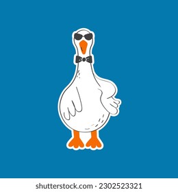 Vector illustration with cute and funny goose. Trendy typography sticker with text and bird.
