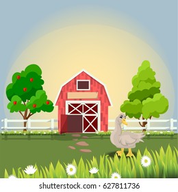 Vector illustration of a cute funny goose on farm with fruit trees and chamomile, Farm animals collection