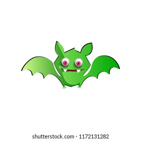 Vector illustration of cute funny green smiling bat cartoon character isolated on white background. Halloween digital design element, icon, clip art, template for greeting card.