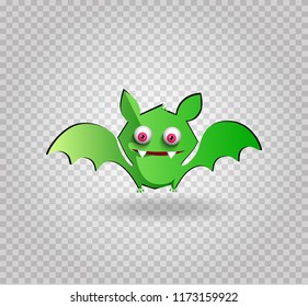 Vector illustration of cute funny green smiling bat cartoon character isolated on transparent background. Halloween digital design element, icon, clip art, template for greeting card.