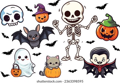 Vector Illustration of Cute Funny Halloween Set Collection: Vampire, Dracula, Skeleton, Skull, Cat, Pumpkin, Witch Hat, Bat Silhouette for Kids Party
