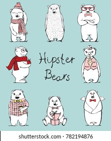 Vector illustration of cute and funny hipster bears set. Hand drawn print style