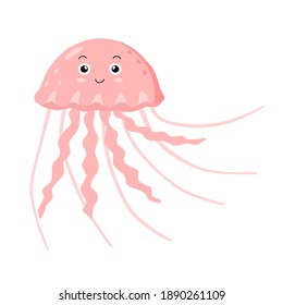 Vector illustration of cute funny jellyfish isolated on white background. Cartoon sea animal character used for children book, poster, card, invitation, print.