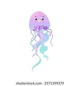 Vector illustration of cute funny jellyfish isolated on white background. Cartoon sea animal character used for children book, poster, card, invitation, print.