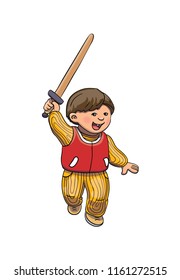 Vector Illustration Of Cute Funny Kid Playing, Running and Jumping Outside. Boy cartoon character. Isolated on white. Vector Graphic.
