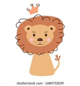 Vector illustration of a cute funny lion in a crown. Isolated objects on white background. Scandinavian style flat design. Concept for children print.