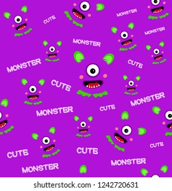 Vector illustration of cute funny monsters on purple background. Seamless pattern.