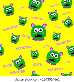 Vector illustration of cute funny monsters on yellow background. Seamless pattern.
