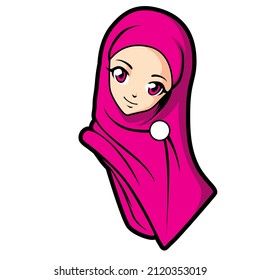 Vector illustration of cute and funny muslim girl with pink hijab, flat design icon isolated