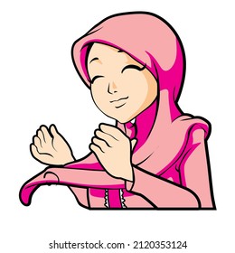 Vector illustration of cute and funny muslim girl with pink hijab, flat design icon isolated
