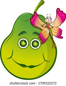 Vector illustration of a cute funny pear with a beautiful girlfriend butterfly